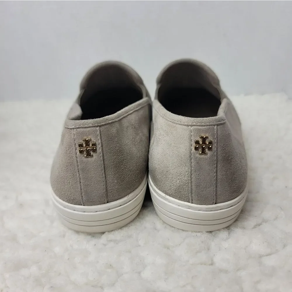 Tory Burch Jesse Slip-On  Sneaker Size 10.5   Gray Suede Gold Logo Back Shoes